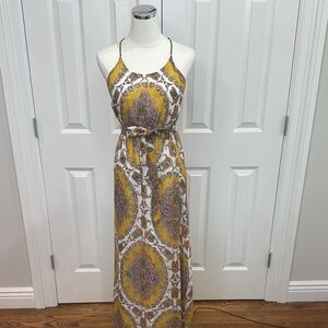 Anthropologie Akemi+Kin Gold Metalic Medalion Paisley Boho Maxi Dress Size M
